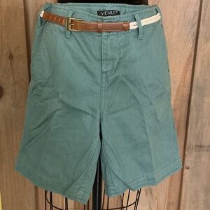 VENUS Teal Green Flat-Front Chino Shorts with Belt